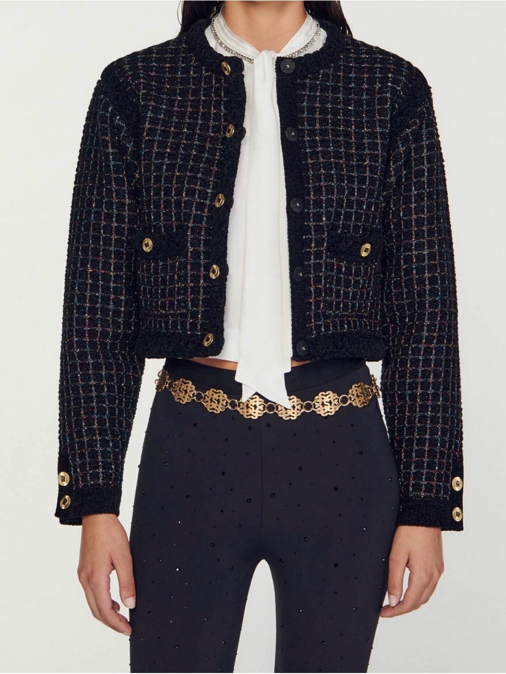 Sandro Black Tweed Grid-Pattern Jacket with Gold Buttons Size 3
